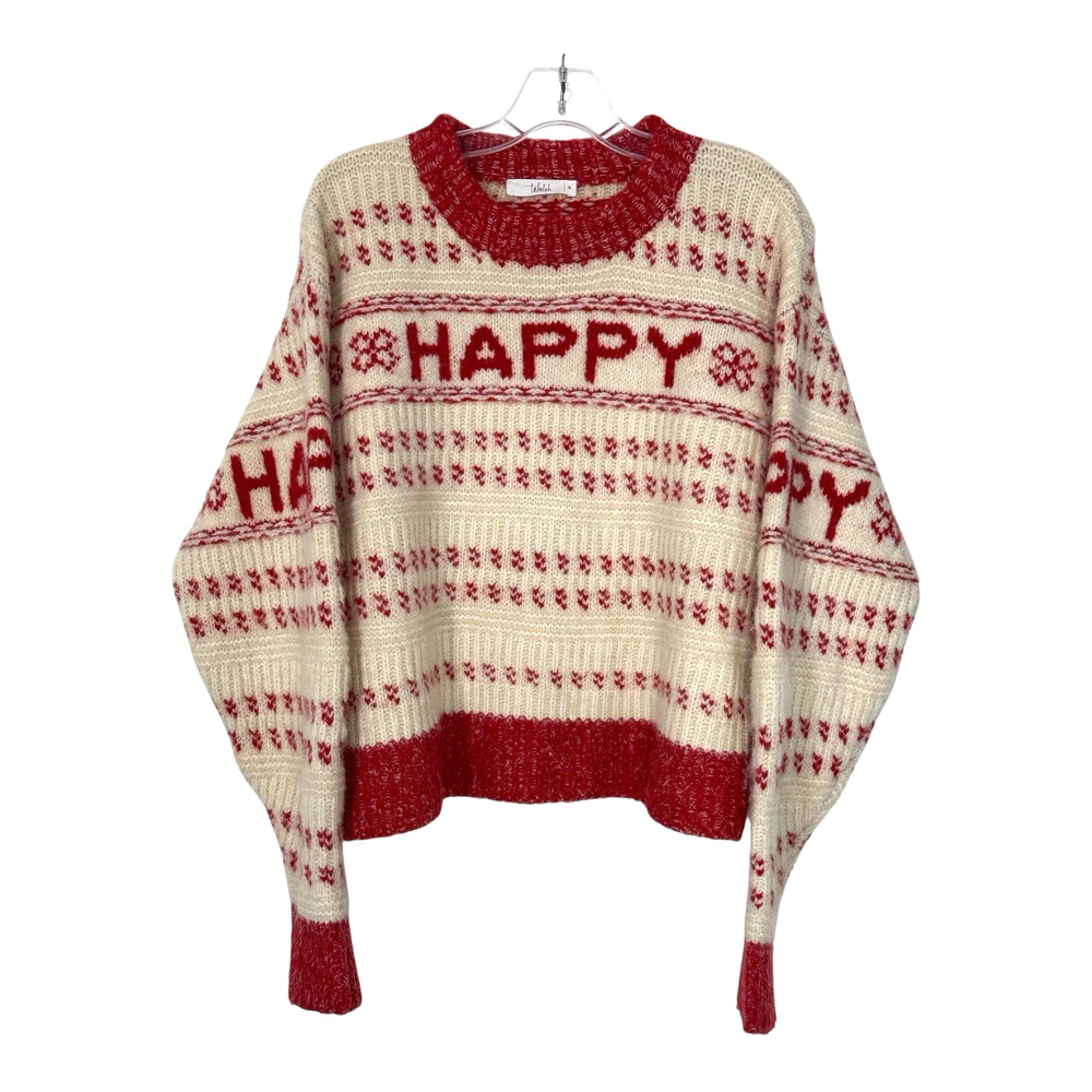 Happy Spellout Oversized Fuzzy Knit Sweater S Ivory Red Cozy Twee Teacher